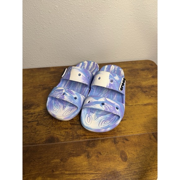 CROCS Shoes - Crocs Sandals Women's 7 Men's  5 Purple Blue and White Tie Dye Two Straps